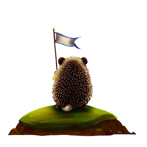 hoggo the hedgehog holding a flag on a hill